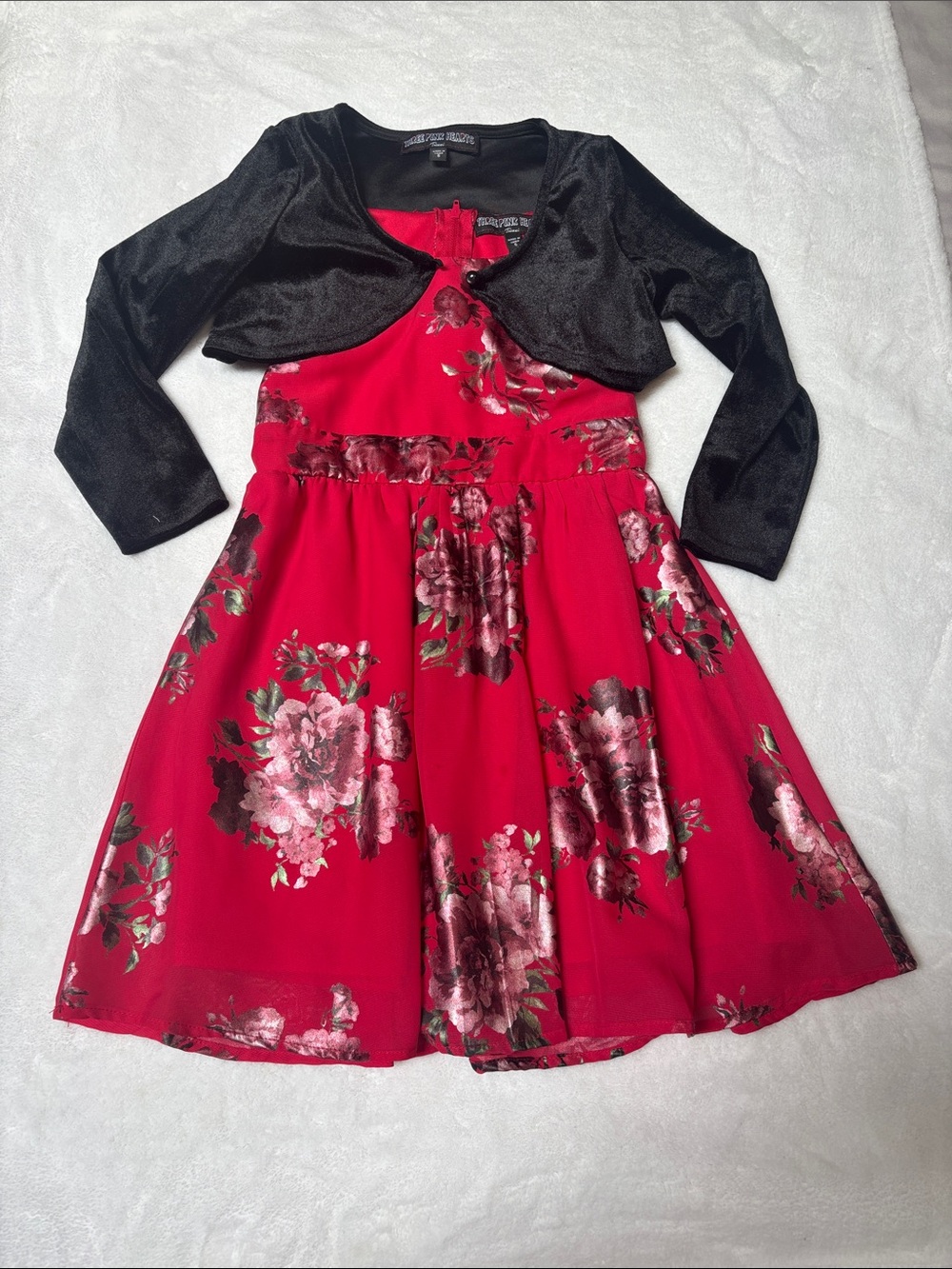 Three Hearts Red Floral Party Dress with Black Bolero